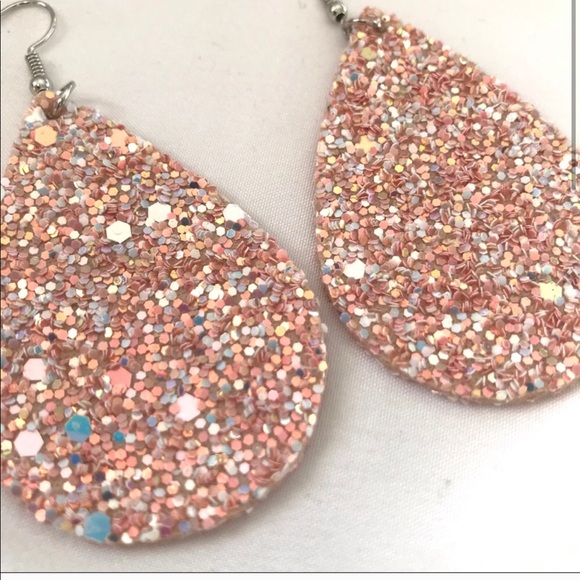 Leather Pink Glitter Sparkle Statement Earrings - Picture 2 of 4
